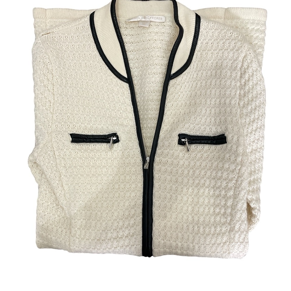 Boston Proper Cream Sweater Cardigan with Faux Leather Black Trim - Picture 4 of 4